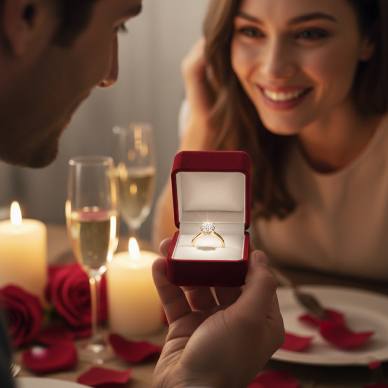 A close-up of a sparkling round-cut diamond set in a polished yellow gold band, presented in an open red velvet luxury jewelry box during a romantic candlelit dinner.
