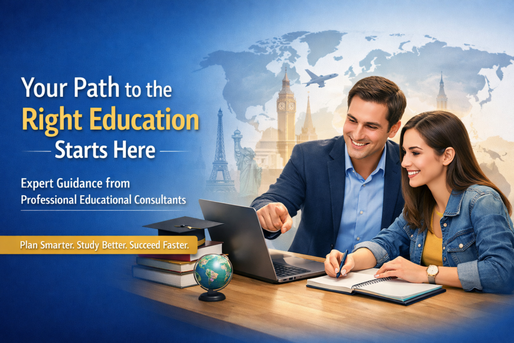 An image of a male educational consultant pointing to a laptop screen as a female student takes notes, representing a professional educational consultant services banner with international travel and study icons