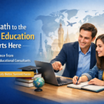 An image of a male educational consultant pointing to a laptop screen as a female student takes notes, representing a professional educational consultant services banner with international travel and study icons