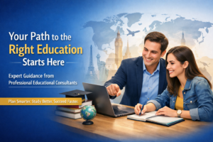 An image of a male educational consultant pointing to a laptop screen as a female student takes notes, representing a professional educational consultant services banner with international travel and study icons