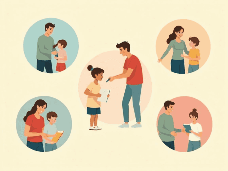 Illustration showing parents helping children avoid 11 Plus mistakes.