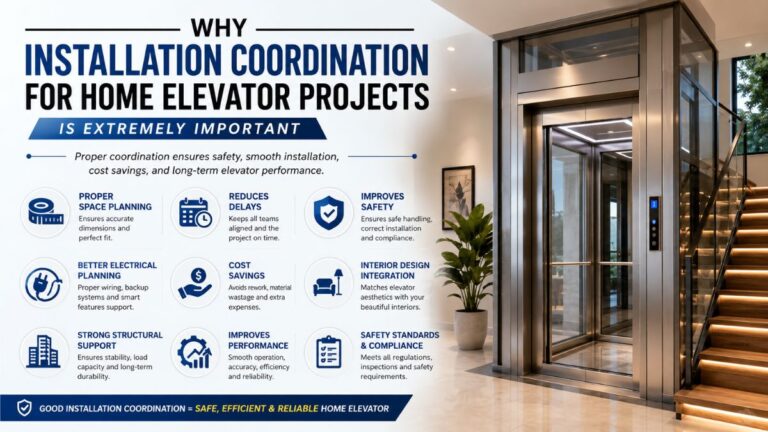 Why Installation Coordination for Home Elevator Projects Is Extremely Important banner design with bold typography on modern background for home elevator installation and safety planning.