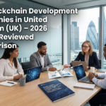 Professional team in a London office discussing blockchain development, featuring a 2026 comparison guide on the table.