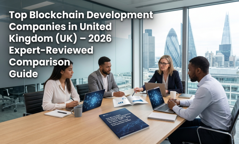 Professional team in a London office discussing blockchain development, featuring a 2026 comparison guide on the table.