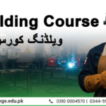 A group of students practicing welding techniques in a workshop during a course in Pakistan.