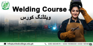 A group of students practicing welding techniques in a workshop during a course in Pakistan.