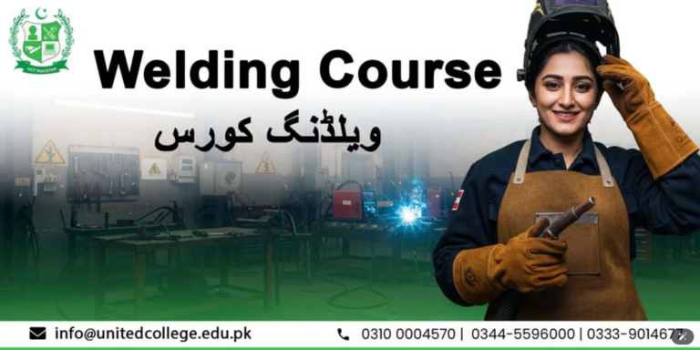 A group of students practicing welding techniques in a workshop during a course in Pakistan.