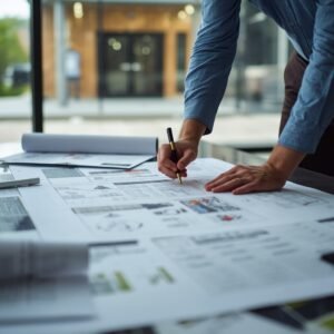lucid-origin_An_engineer_stamping_and_reviewing_architectural_solar_panel_plan_sets_on_a_larg-0