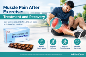 Muscle pain after exercise treatment and recovery with Pain-O-Soma 500 mg carisoprodol tablets, highlighting muscle spasms, stiffness, and recovery.
