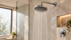 Chrome Rainfall Shower in Warm Marble