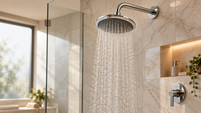 Chrome Rainfall Shower in Warm Marble