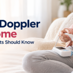 Pregnant woman using a handheld fetal Doppler at home