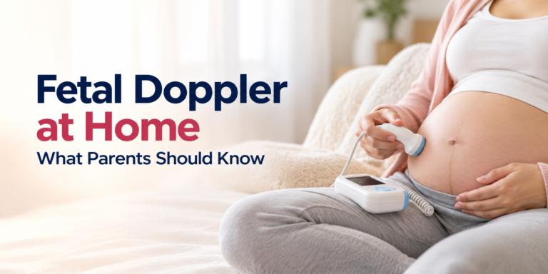 Pregnant woman using a handheld fetal Doppler at home