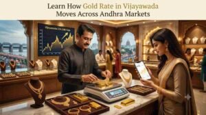 Gold jewellery displayed in a showroom, illustrating gold rate comparisons in Vijayawada and Tenali, Andhra Pradesh