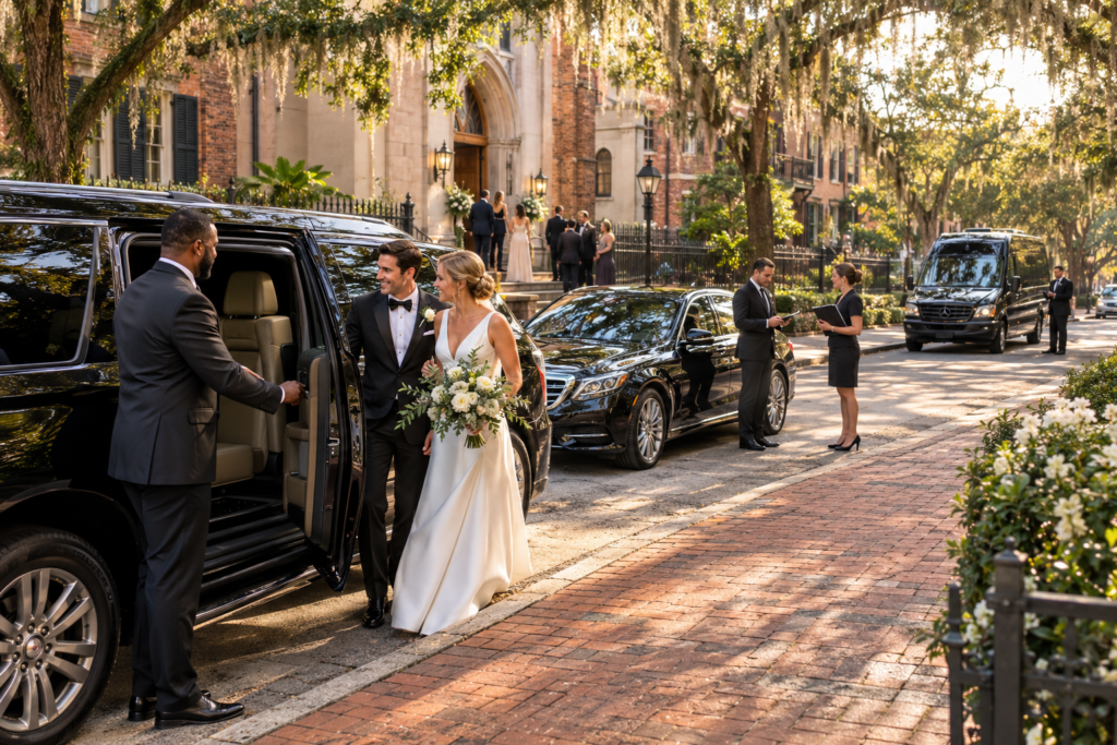 Golden Wedding Arrival on a Historic Street