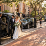 Golden Wedding Arrival on a Historic Street