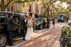 Golden Wedding Arrival on a Historic Street