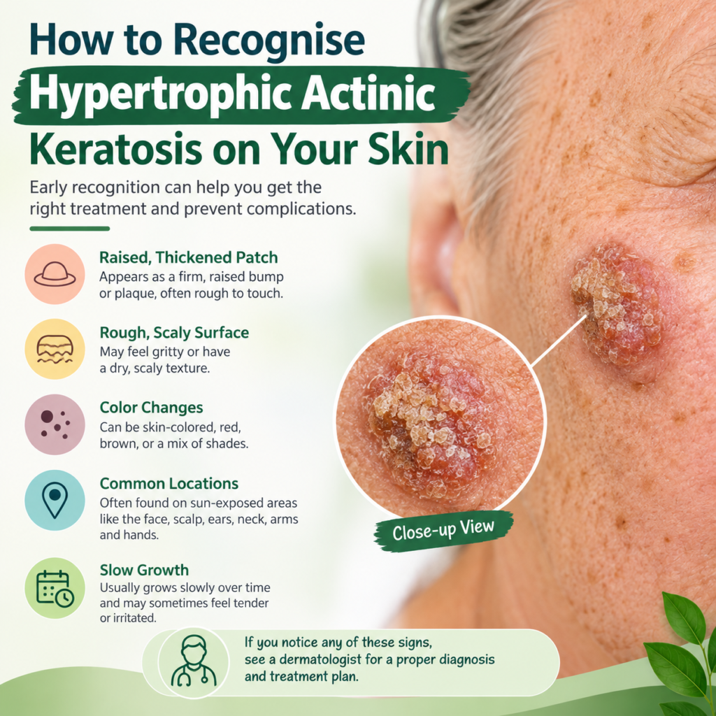 Hypertrophic Actinic Keratosis showing a thick, rough, scaly skin lesion on sun-damaged skin.