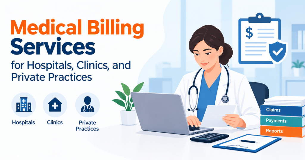 Medical billing services for hospitals, clinics, and private practices, featuring a healthcare professional managing billing documents, insurance claims, and payments. Is this conversation helpful so far?