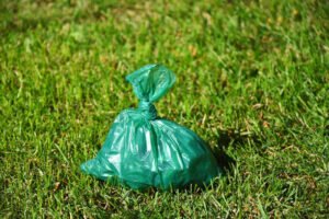 A close up image of a full green plastic dog poop bag on a lush green lawn.